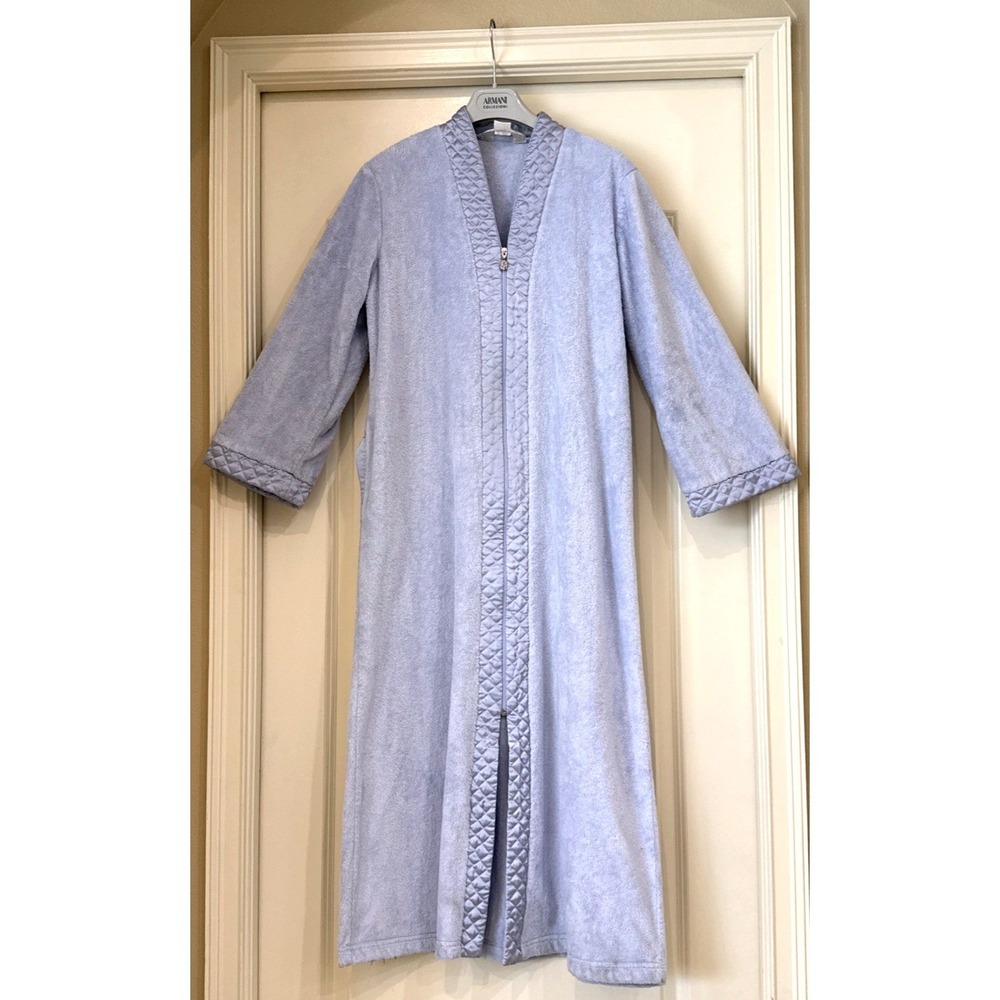 Armani Collezioni Blue Terry Cloth Quilted Trim Full Zip Long Robe Housecoat